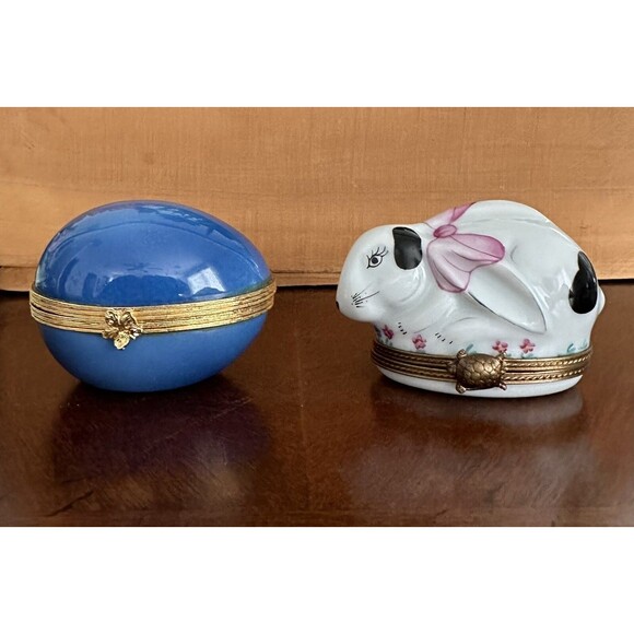 Limoges Other - Limoges Rabbit Porcelain & Blue Egg Trinket Brass Hinged Boxes France